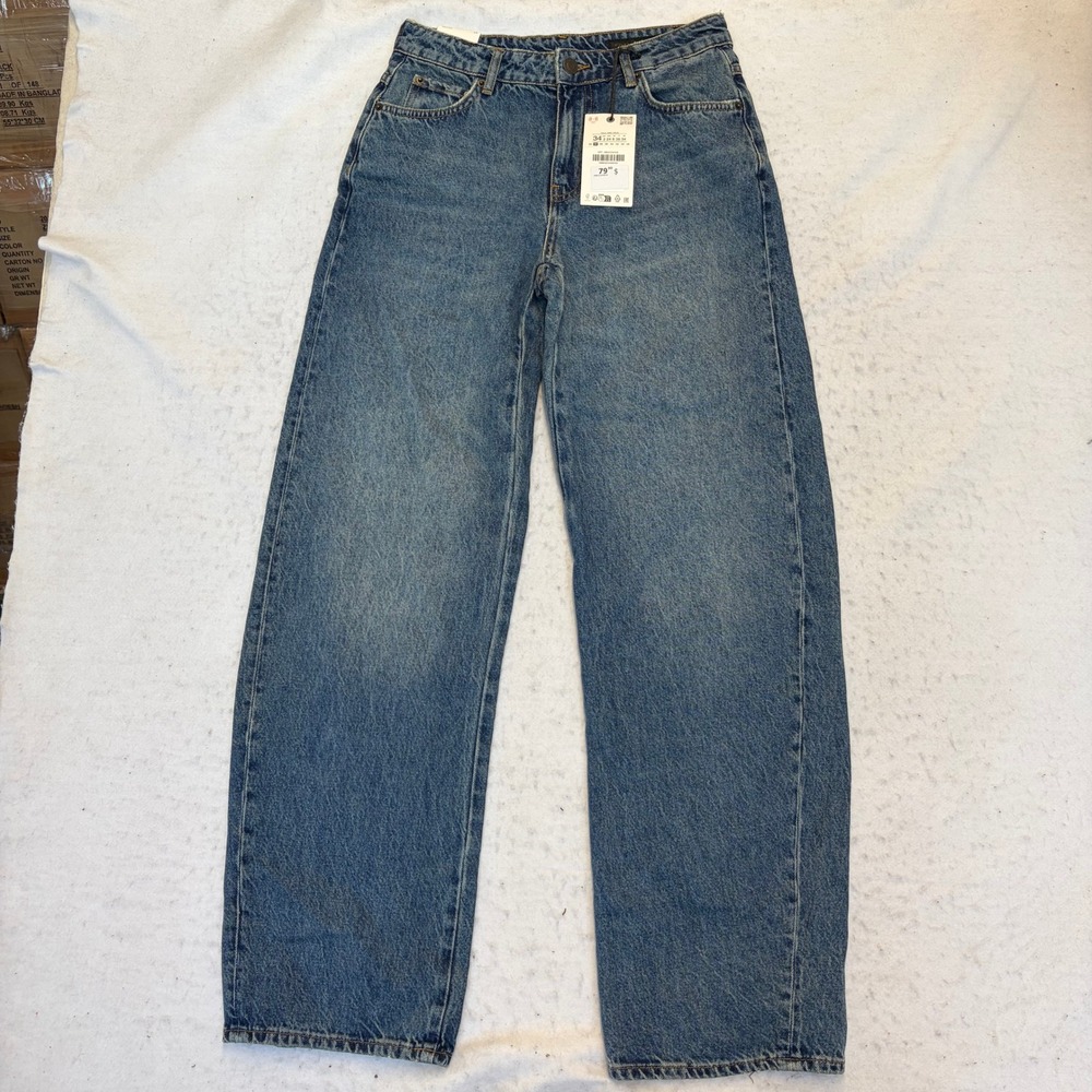 Zara Jeans Women 2 Blue Straight Leg High Rise Denim Two Tone Balloon